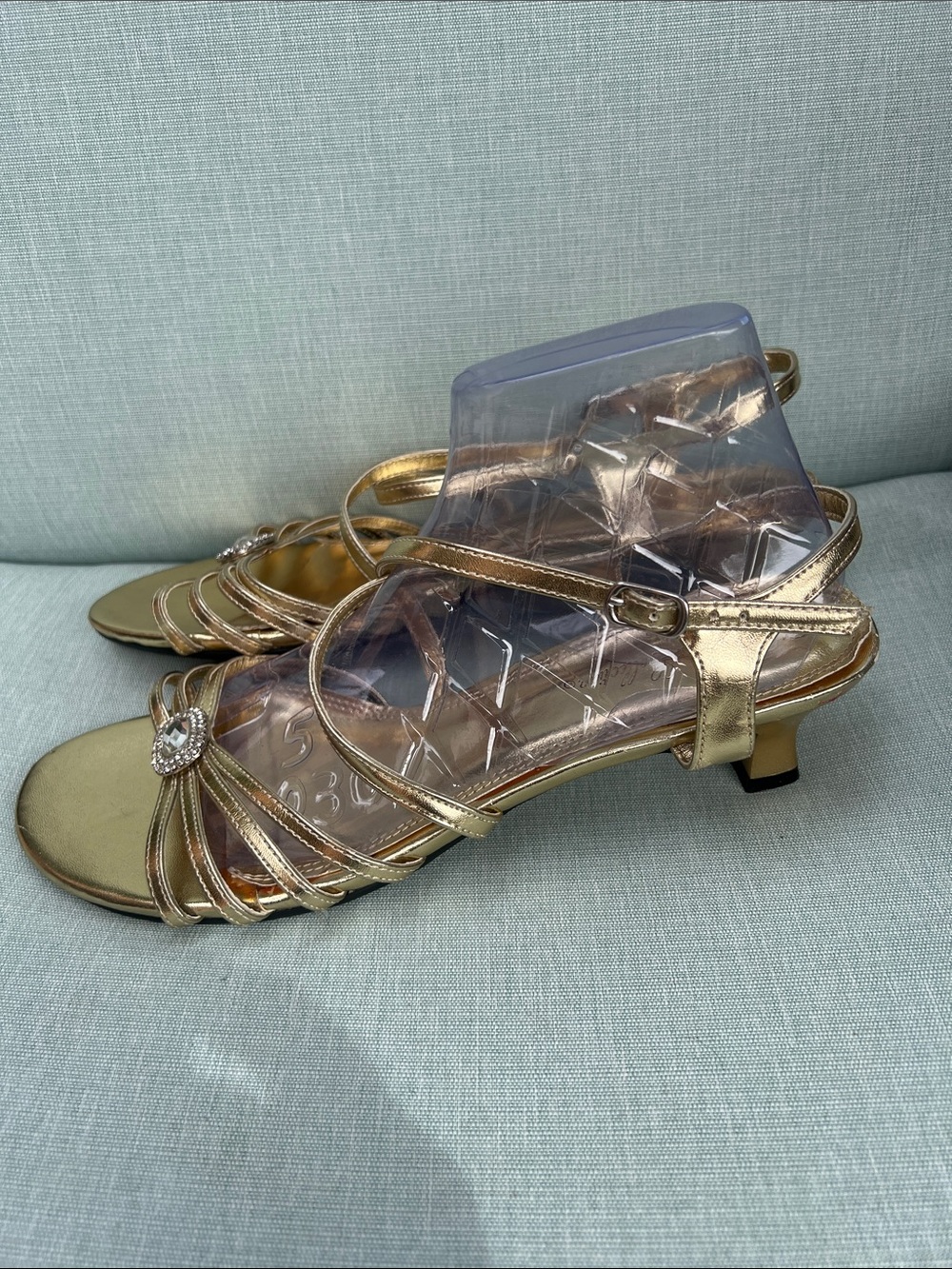 Never worn Gold Low-Heel Strappy Sandals with Crystal Accent sz 10